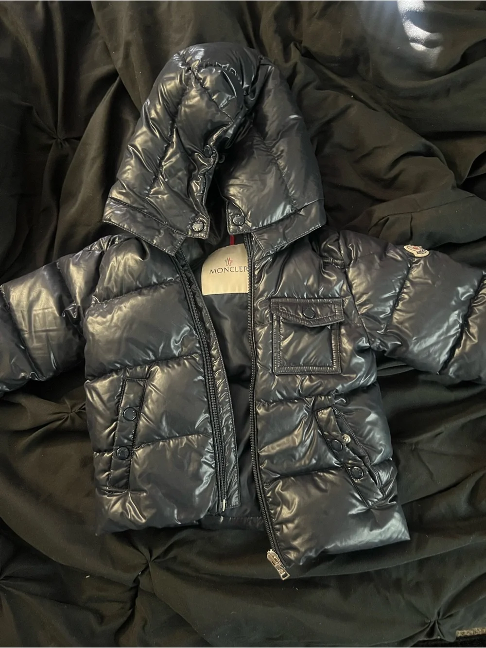 Moncler Kids Navy Shiny Hooded Puffer Jacket